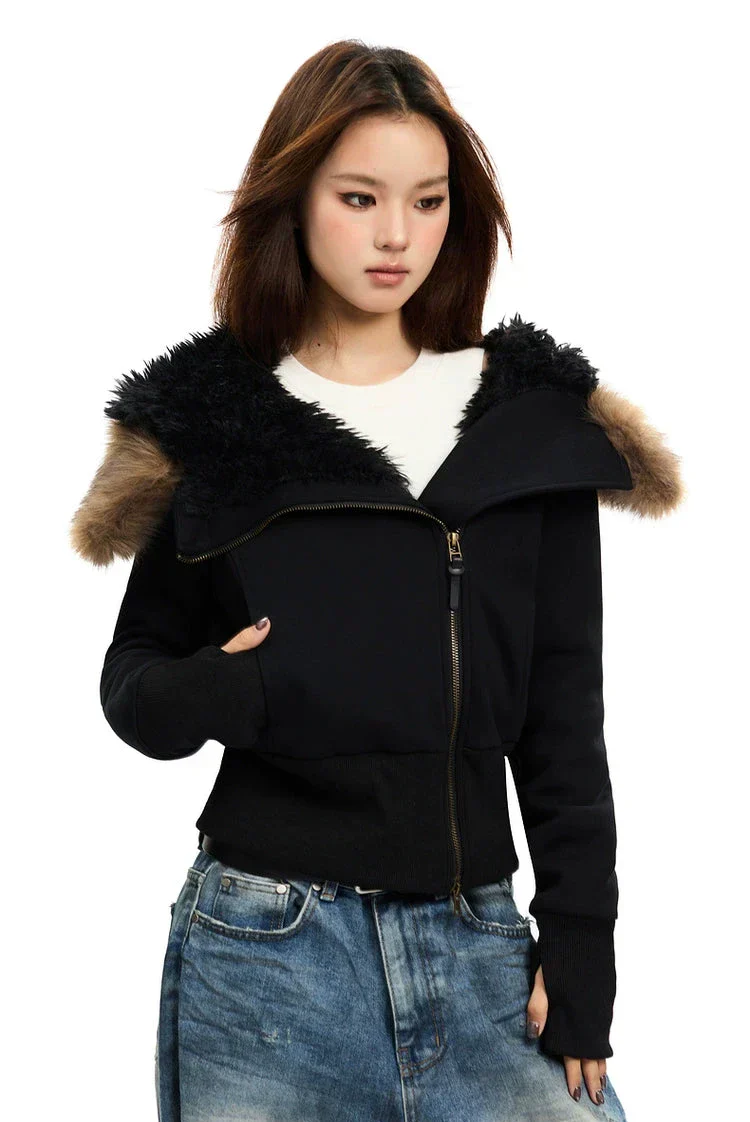 Fleece-Lined Hooded Fur-Collar Zip Short Jacket - Image 2