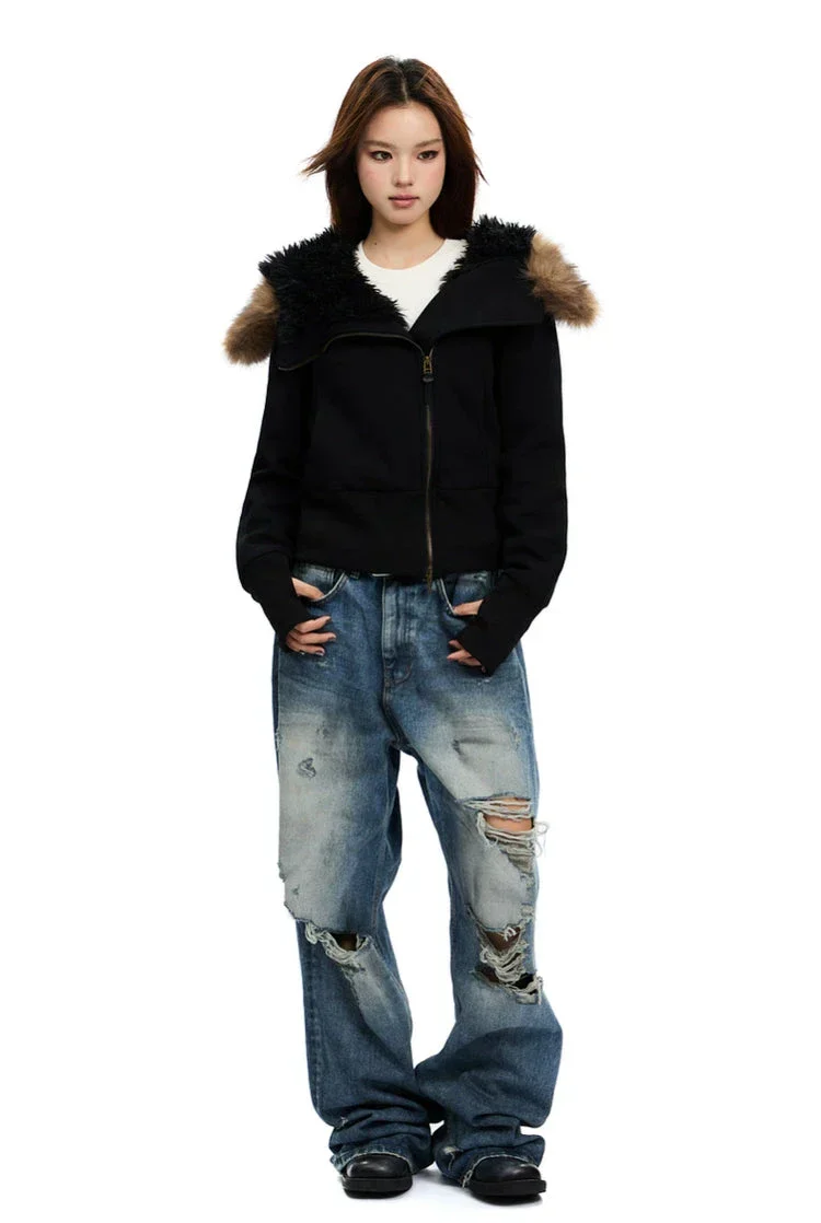 Fleece-Lined Hooded Fur-Collar Zip Short Jacket - Image 3