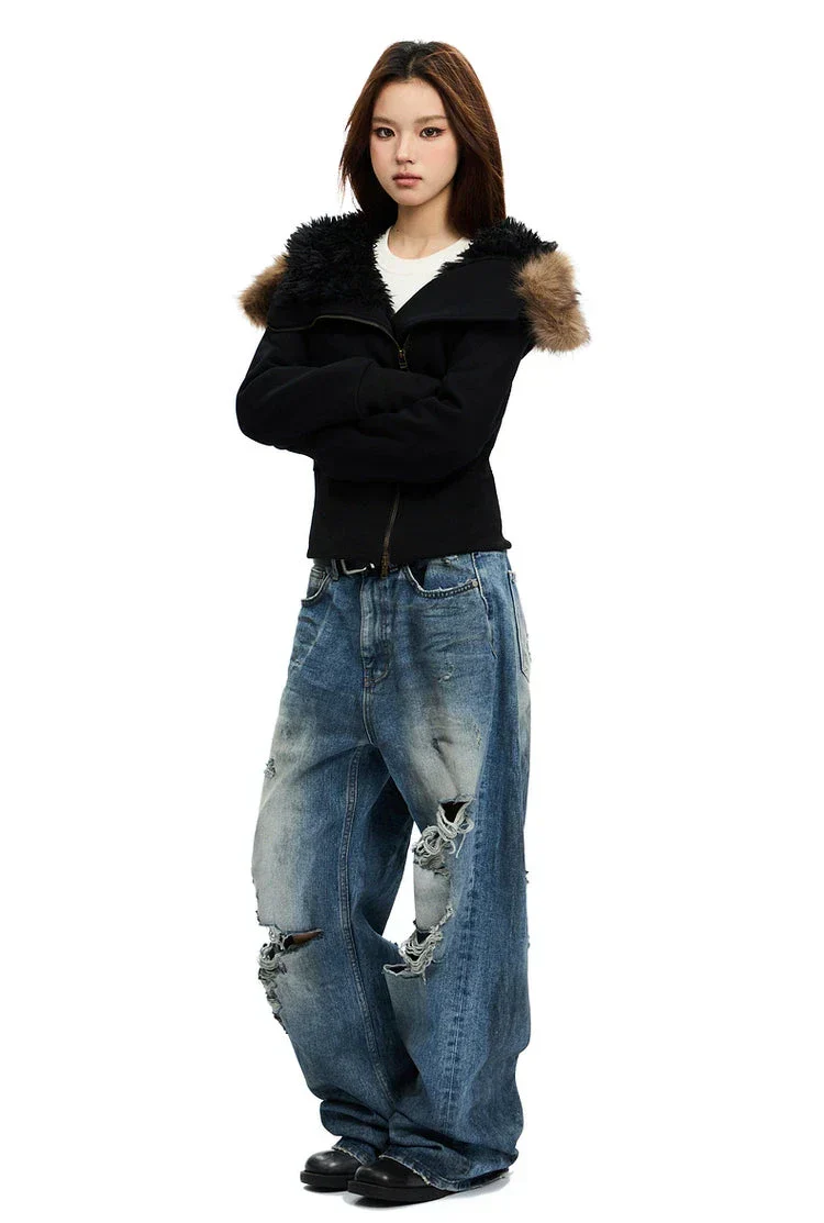 Fleece-Lined Hooded Fur-Collar Zip Short Jacket - Image 4