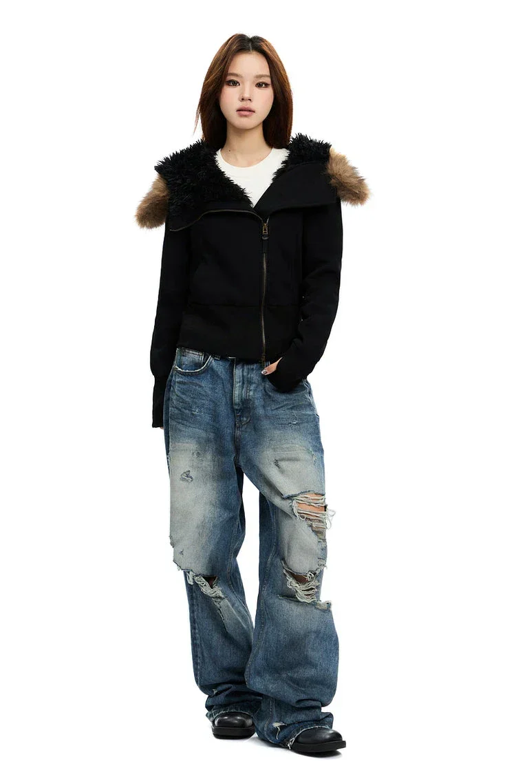 Fleece-Lined Hooded Fur-Collar Zip Short Jacket - Image 5