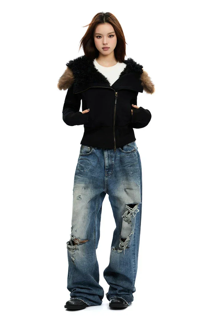 Fleece-Lined Hooded Fur-Collar Zip Short Jacket - Image 6