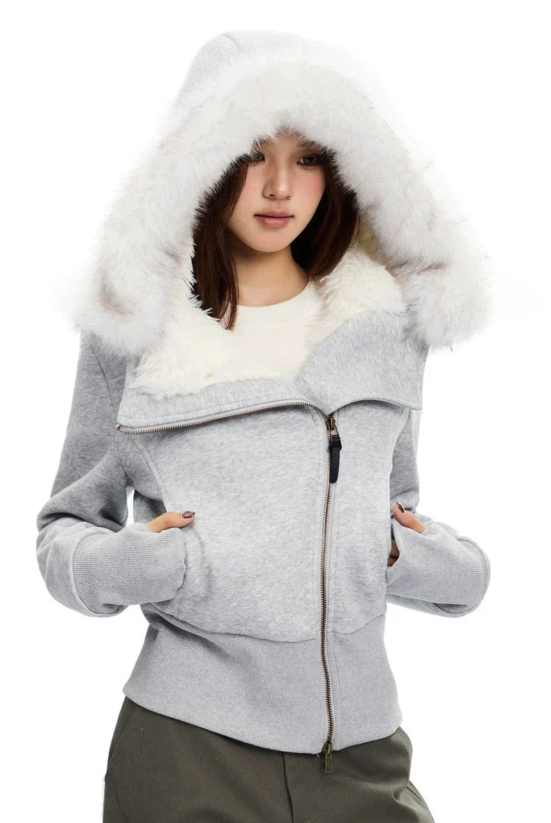 Fleece-Lined Hooded Fur-Collar Zip Short Jacket - Image 7