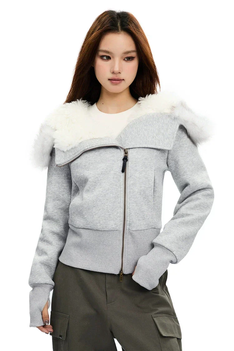 Fleece-Lined Hooded Fur-Collar Zip Short Jacket - Image 8