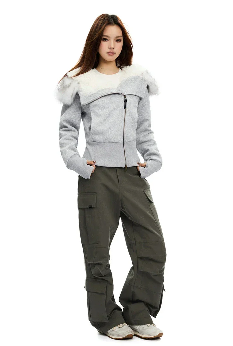 Fleece-Lined Hooded Fur-Collar Zip Short Jacket - Image 9