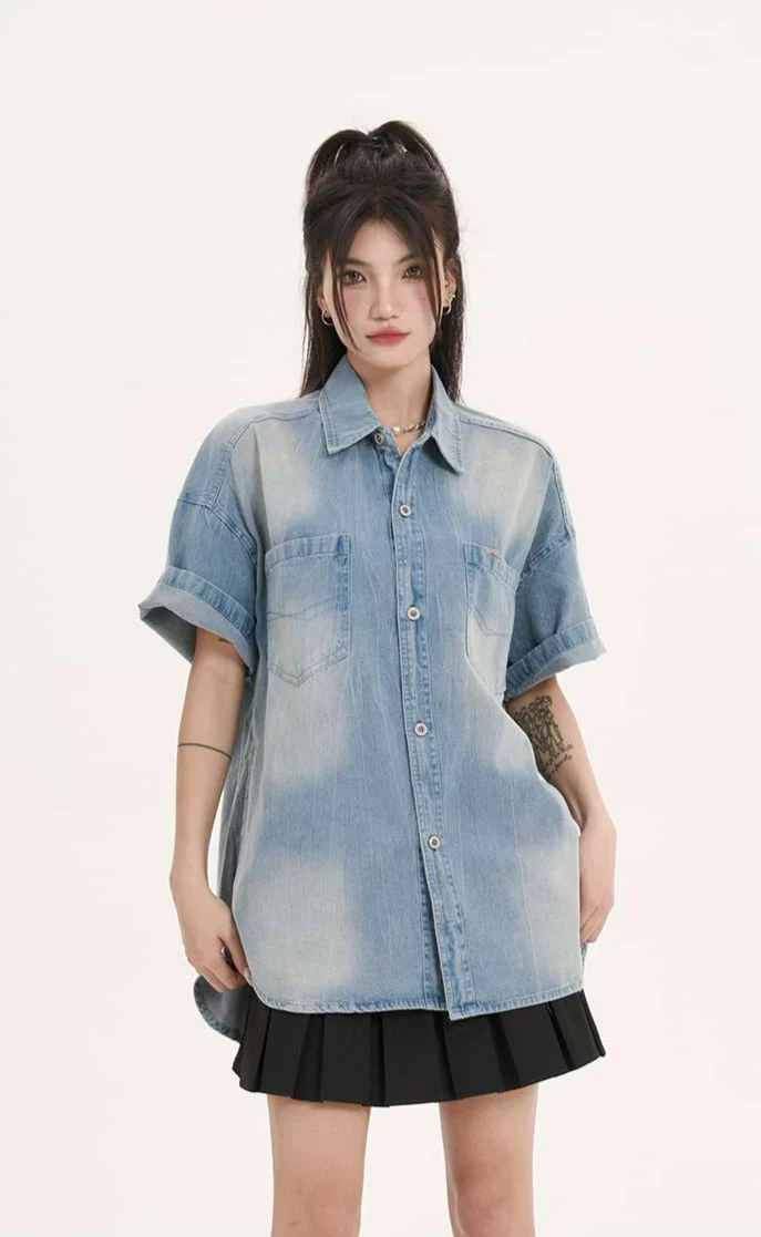 Oversized Faded Denim Button Shirt - Image 2