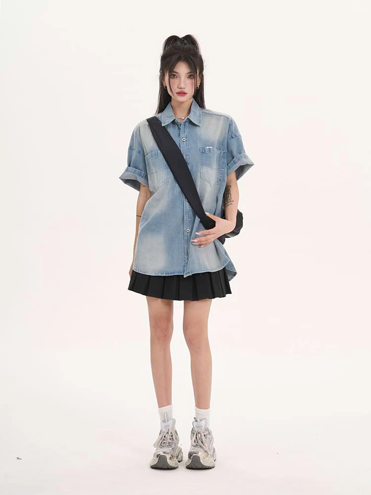 Oversized Faded Denim Button Shirt - Image 3