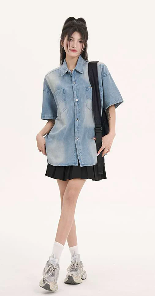 Oversized Faded Denim Button Shirt - Image 4