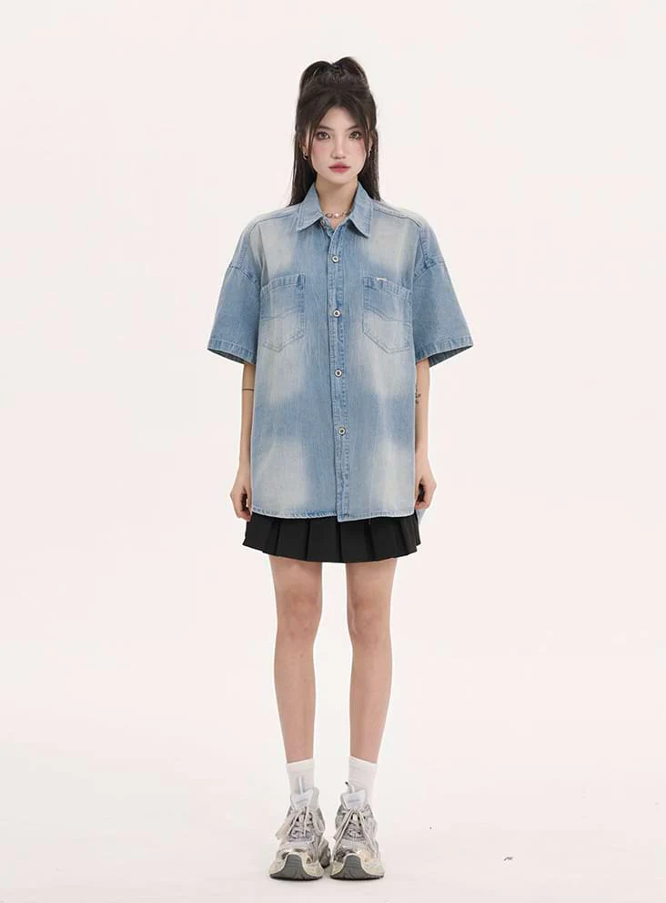 Oversized Faded Denim Button Shirt - Image 5