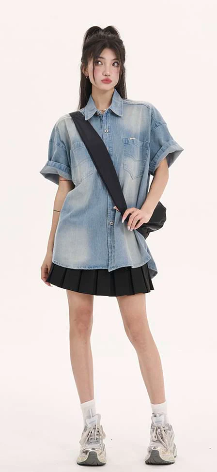 Oversized Faded Denim Button Shirt - Image 6