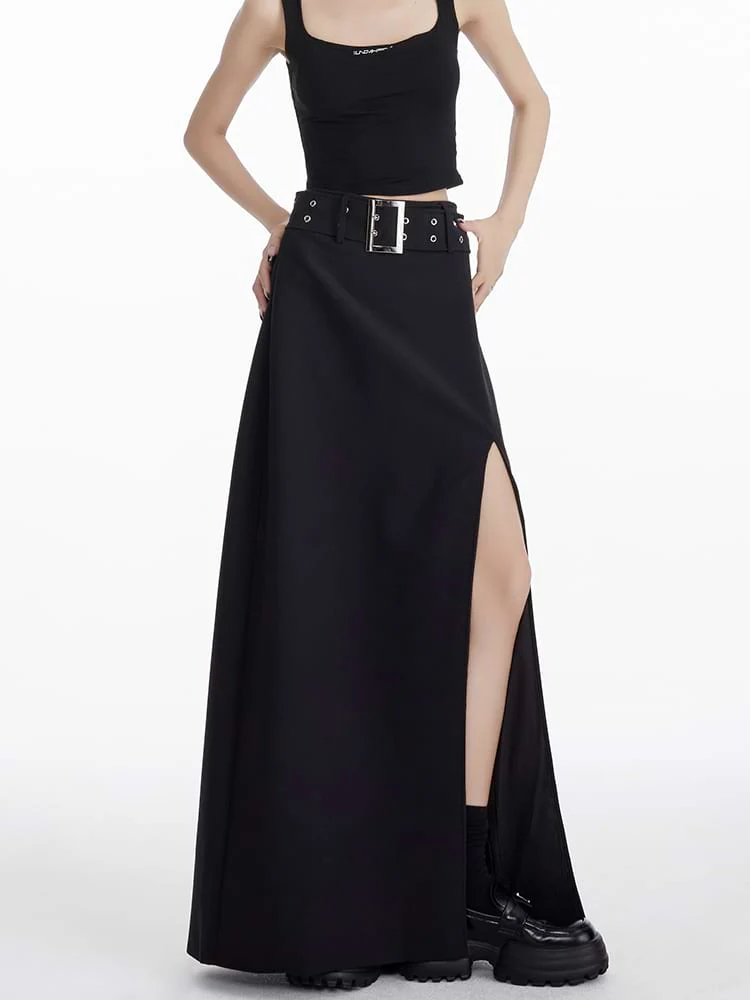Maxi Skirt with Side Slit and Grommet Belt - Image 10