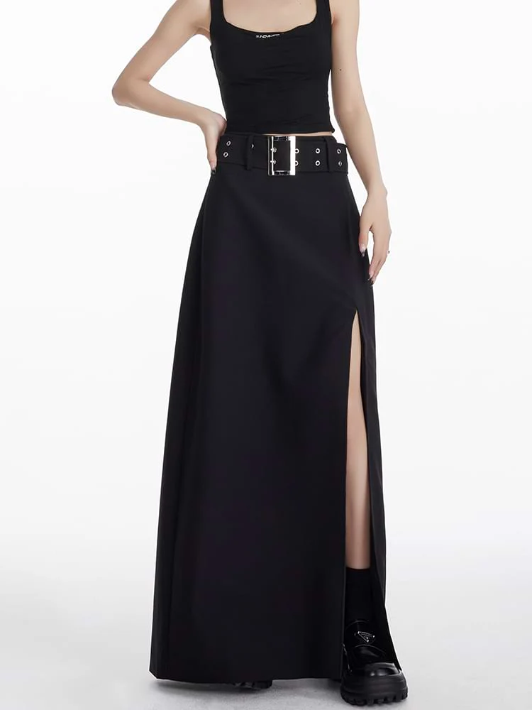 Maxi Skirt with Side Slit and Grommet Belt - Image 11