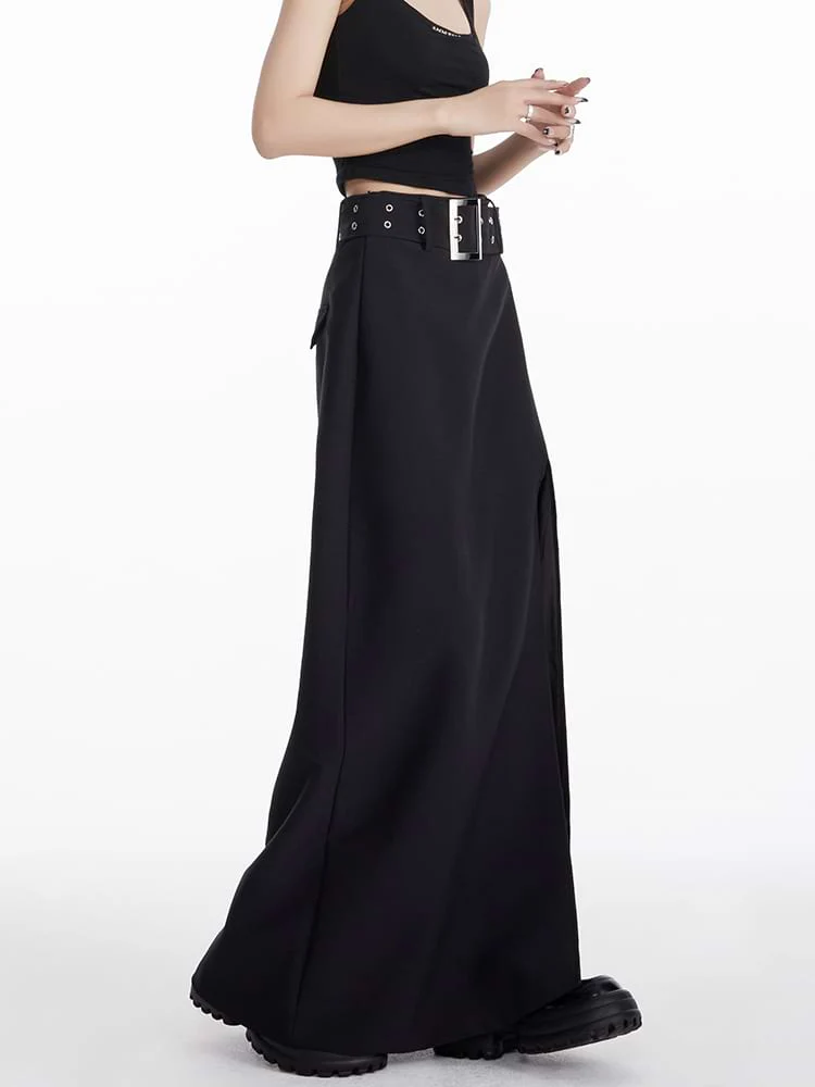 Maxi Skirt with Side Slit and Grommet Belt - Image 12