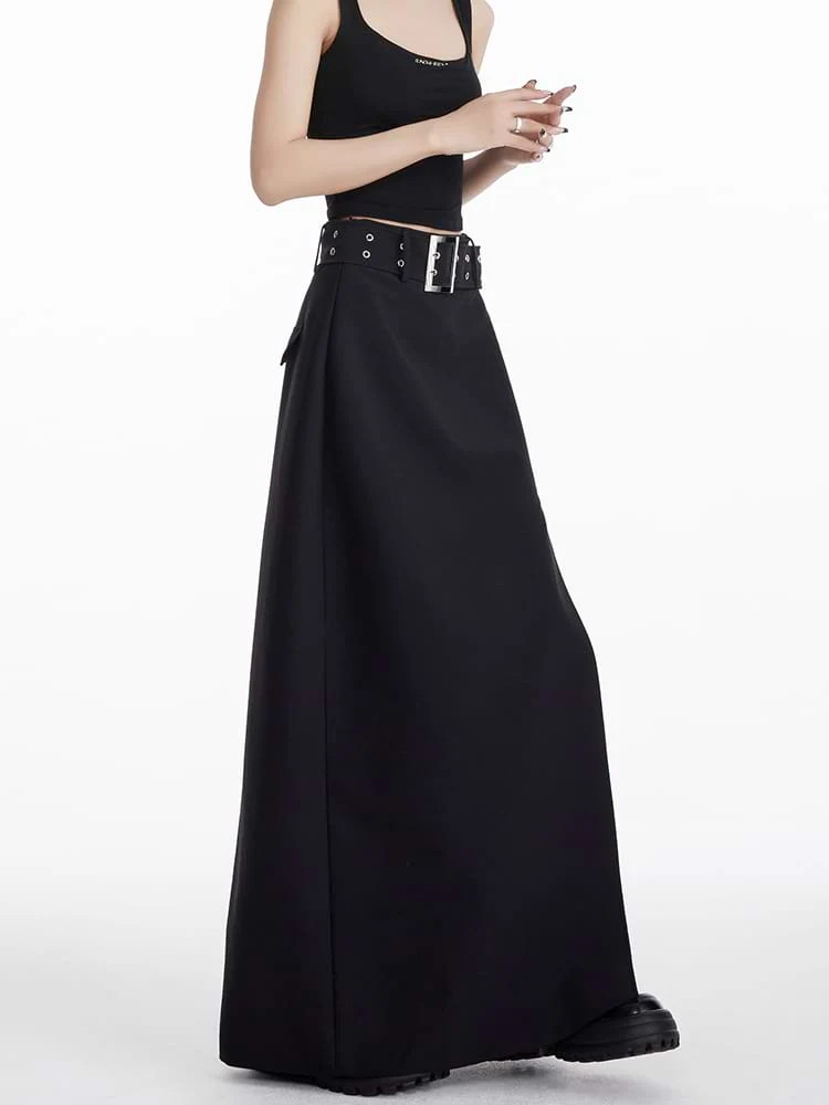 Maxi Skirt with Side Slit and Grommet Belt - Image 13