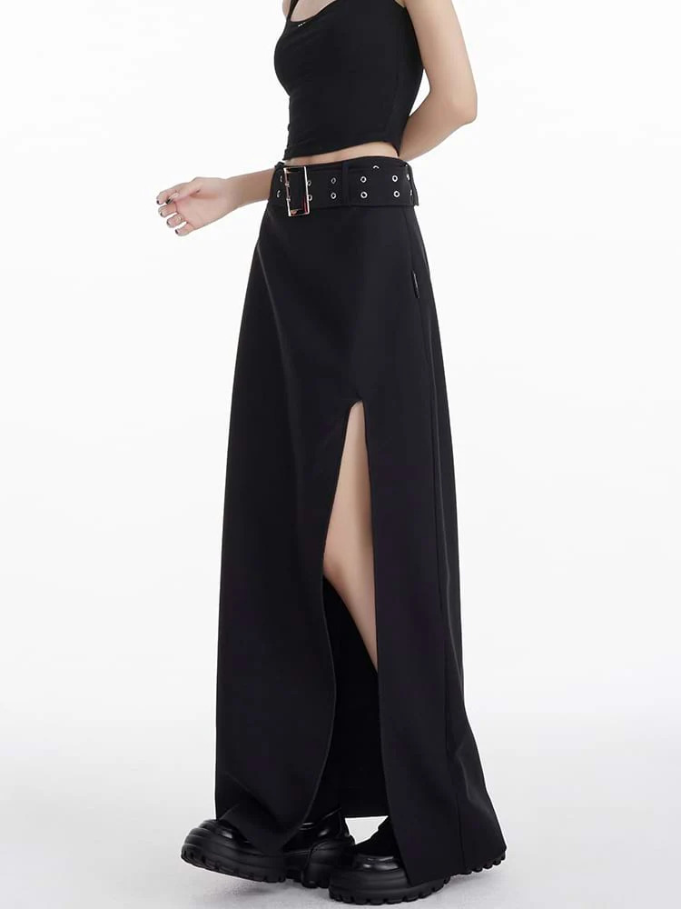 Maxi Skirt with Side Slit and Grommet Belt - Image 14