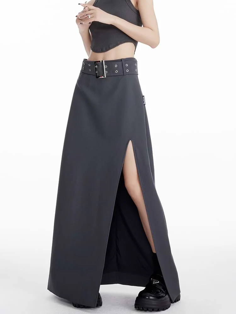 Maxi Skirt with Side Slit and Grommet Belt - Image 15