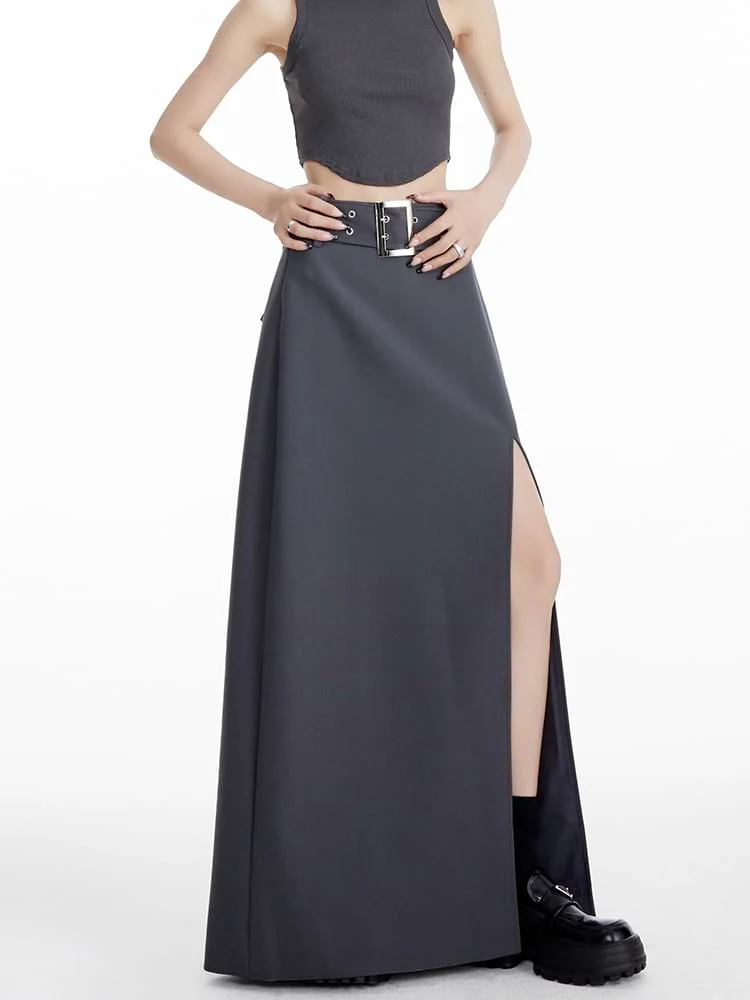 Maxi Skirt with Side Slit and Grommet Belt - Image 16