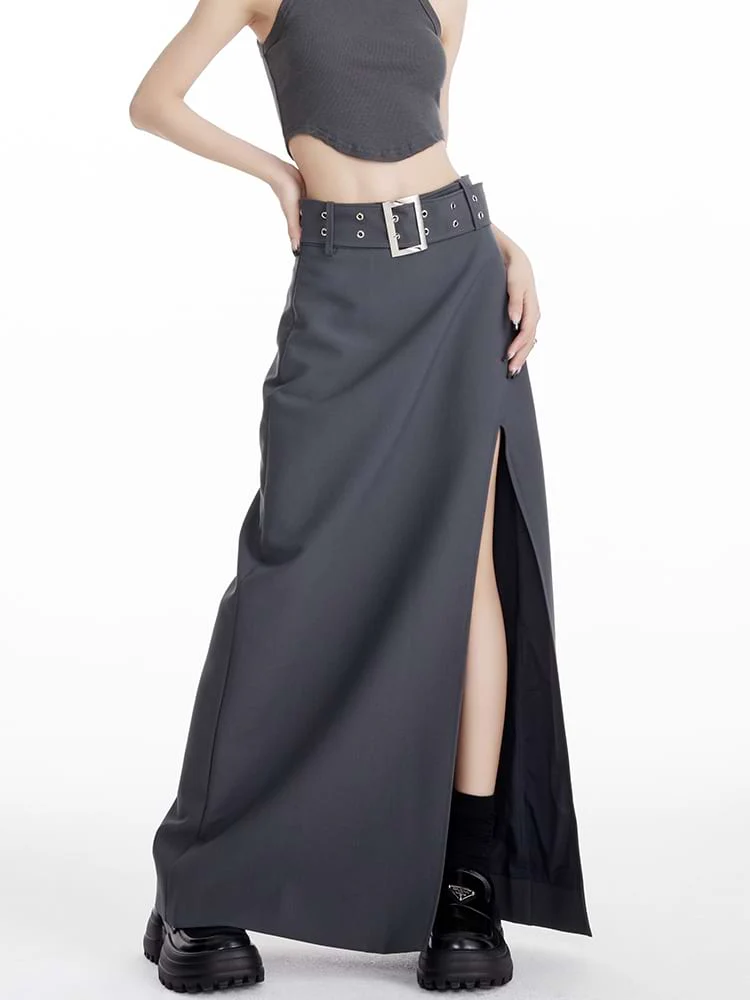 Maxi Skirt with Side Slit and Grommet Belt - Image 2