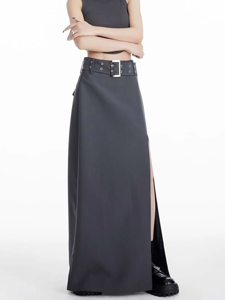 Maxi Skirt with Side Slit and Grommet Belt - Image 3