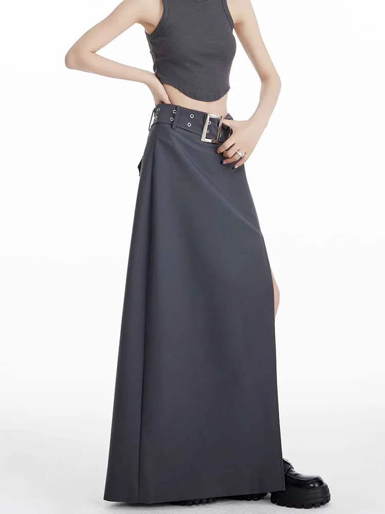 Maxi Skirt with Side Slit and Grommet Belt - Image 4