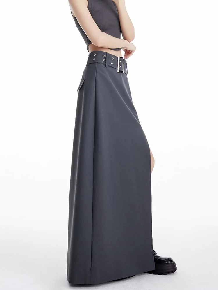 Maxi Skirt with Side Slit and Grommet Belt - Image 5