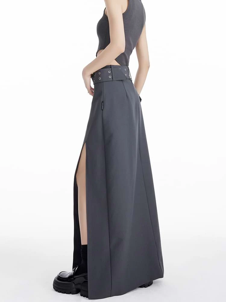 Maxi Skirt with Side Slit and Grommet Belt - Image 8