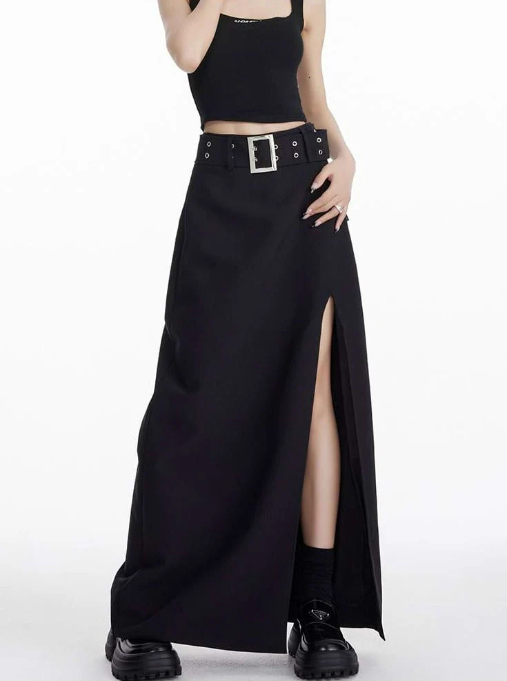 Maxi Skirt with Side Slit and Grommet Belt - Image 9