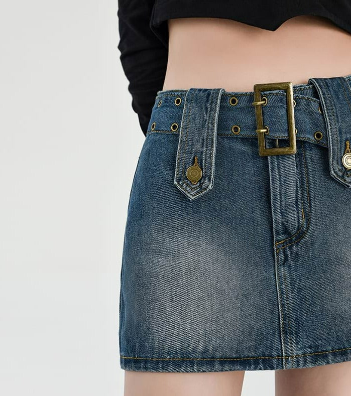 Buckled Denim Mini Skirt - Image 10