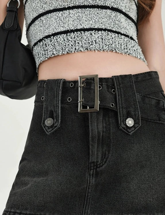 Buckled Denim Mini Skirt - Image 15