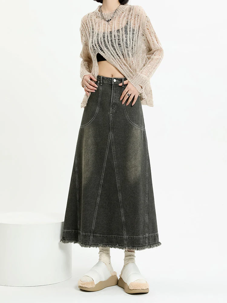 Frayed Hem Denim Midi Skirt - Image 2