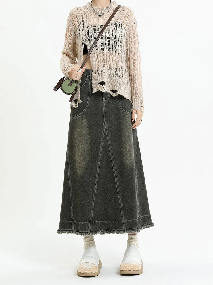 Frayed Hem Denim Midi Skirt - Image 3
