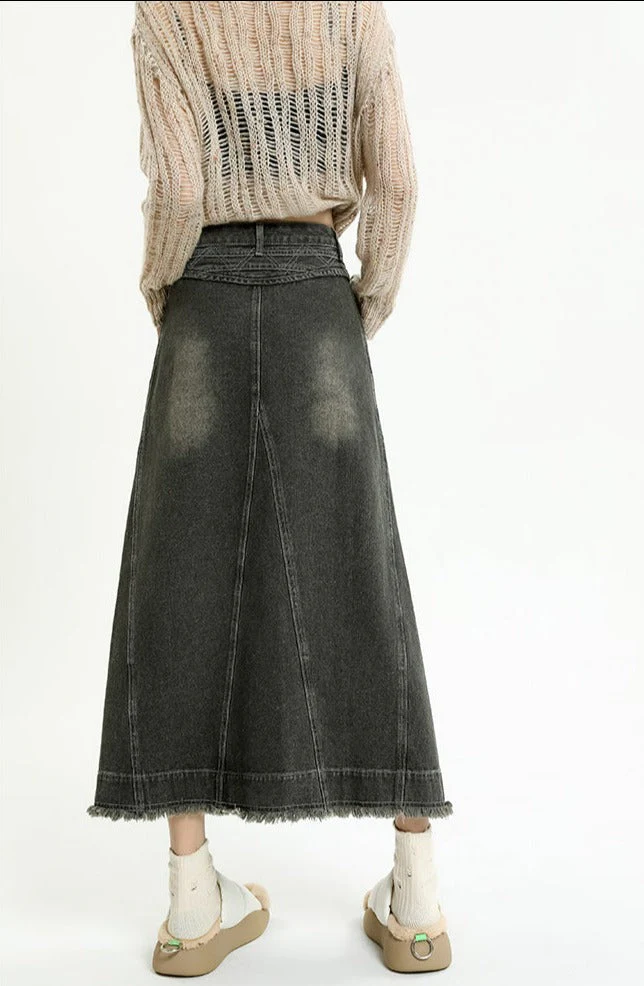 Frayed Hem Denim Midi Skirt - Image 5