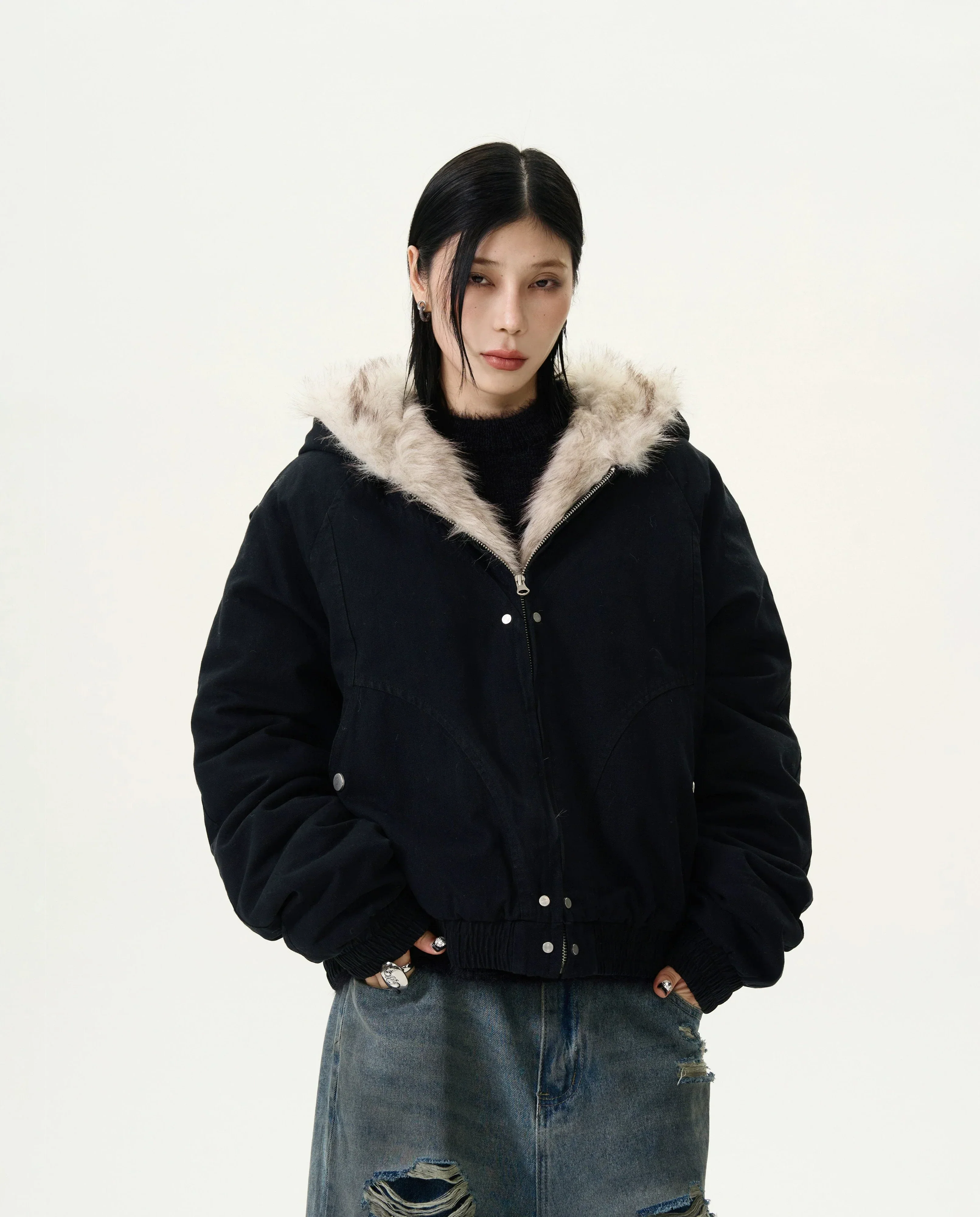 Fur-Trimmed Hooded Bomber Jacket - Image 2