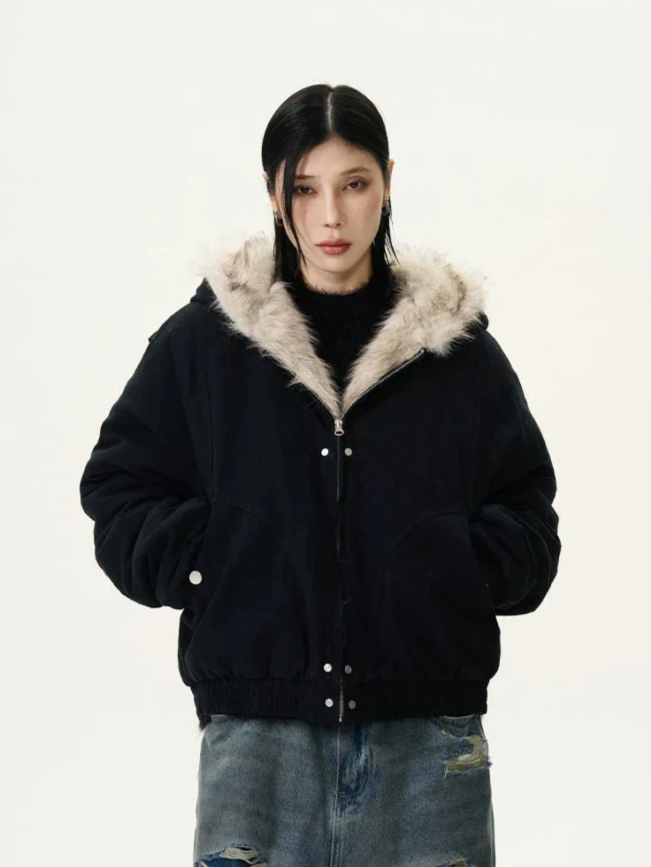 Fur-Trimmed Hooded Bomber Jacket - Image 3