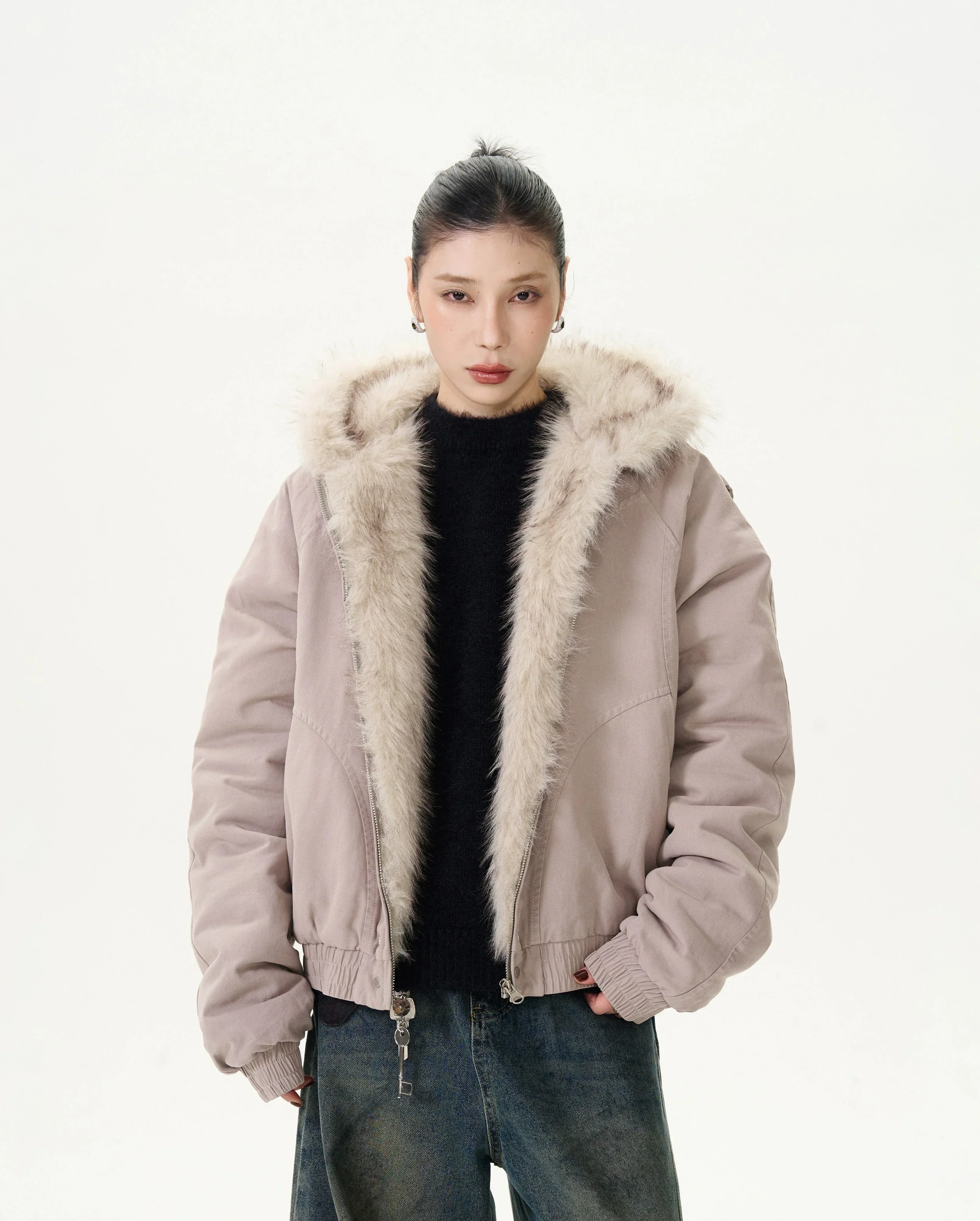 Fur-Trimmed Hooded Bomber Jacket - Image 4