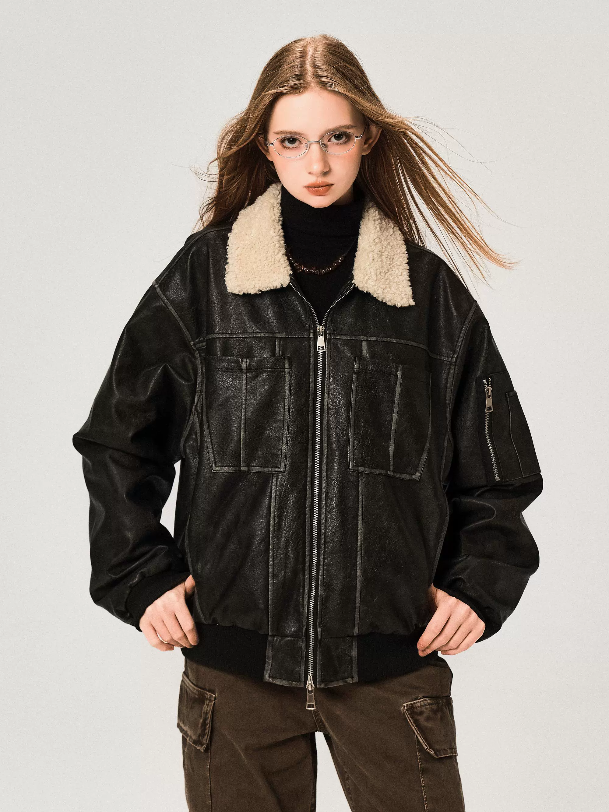PU Leather Jacket with Lamb Wool Collar - Image 12