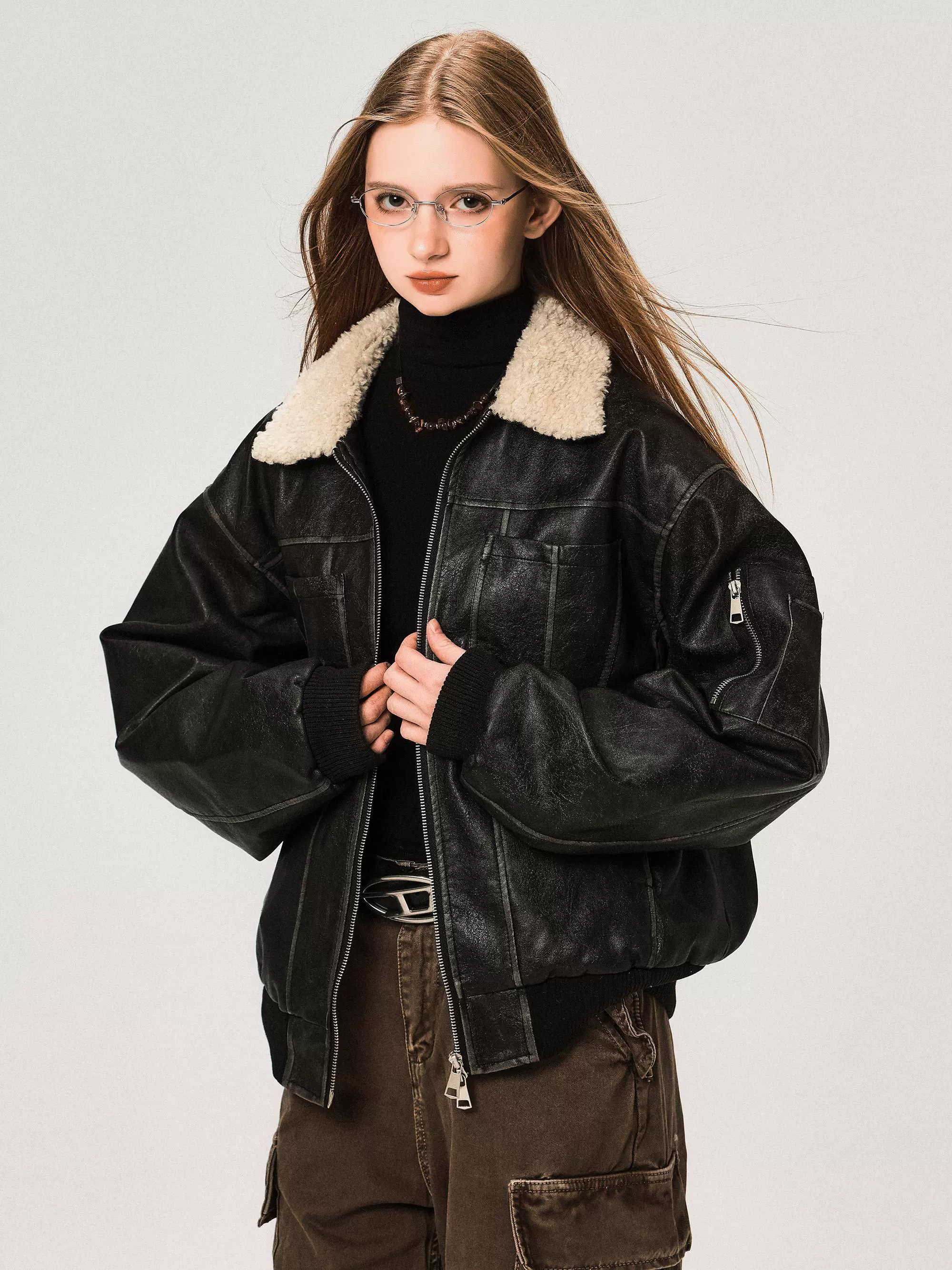 PU Leather Jacket with Lamb Wool Collar - Image 13