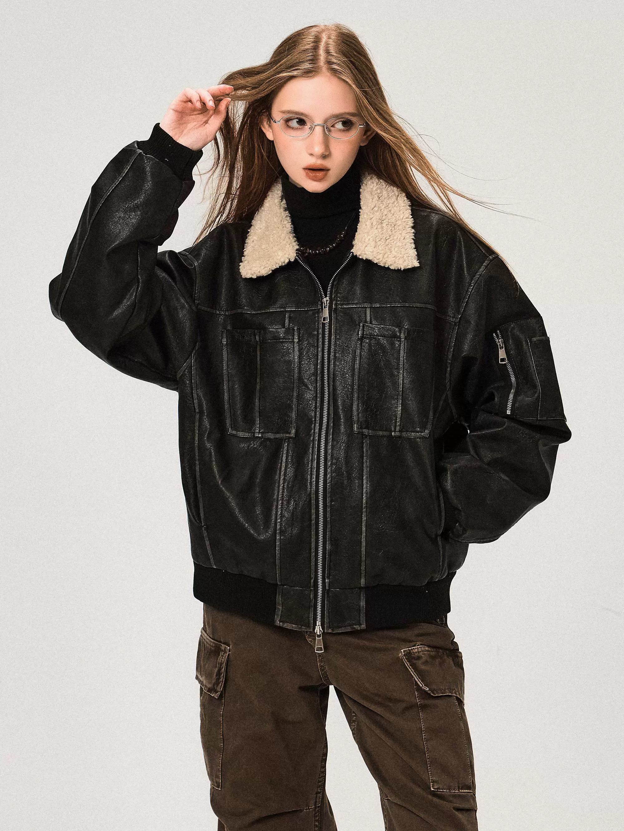 PU Leather Jacket with Lamb Wool Collar - Image 14