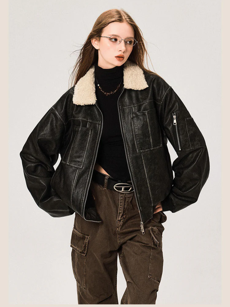 PU Leather Jacket with Lamb Wool Collar - Image 15