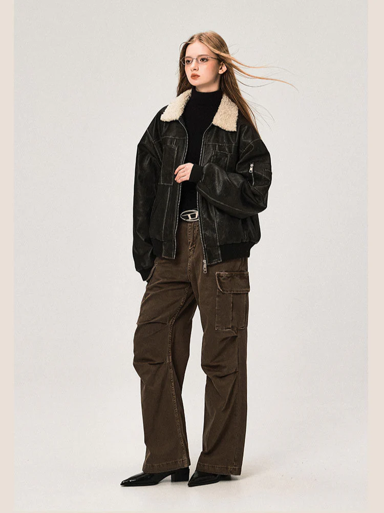 PU Leather Jacket with Lamb Wool Collar - Image 16