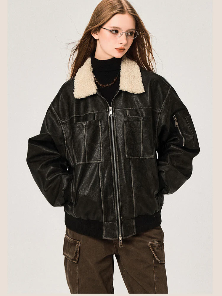 PU Leather Jacket with Lamb Wool Collar - Image 17