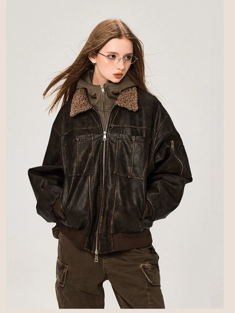 PU Leather Jacket with Lamb Wool Collar - Image 19