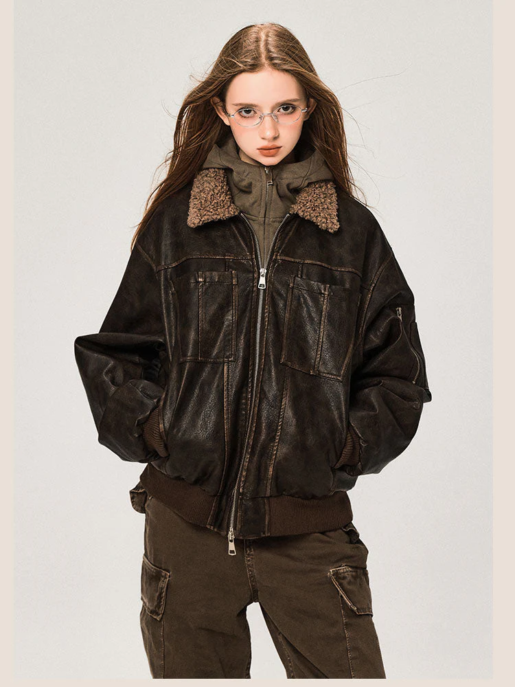 PU Leather Jacket with Lamb Wool Collar - Image 2
