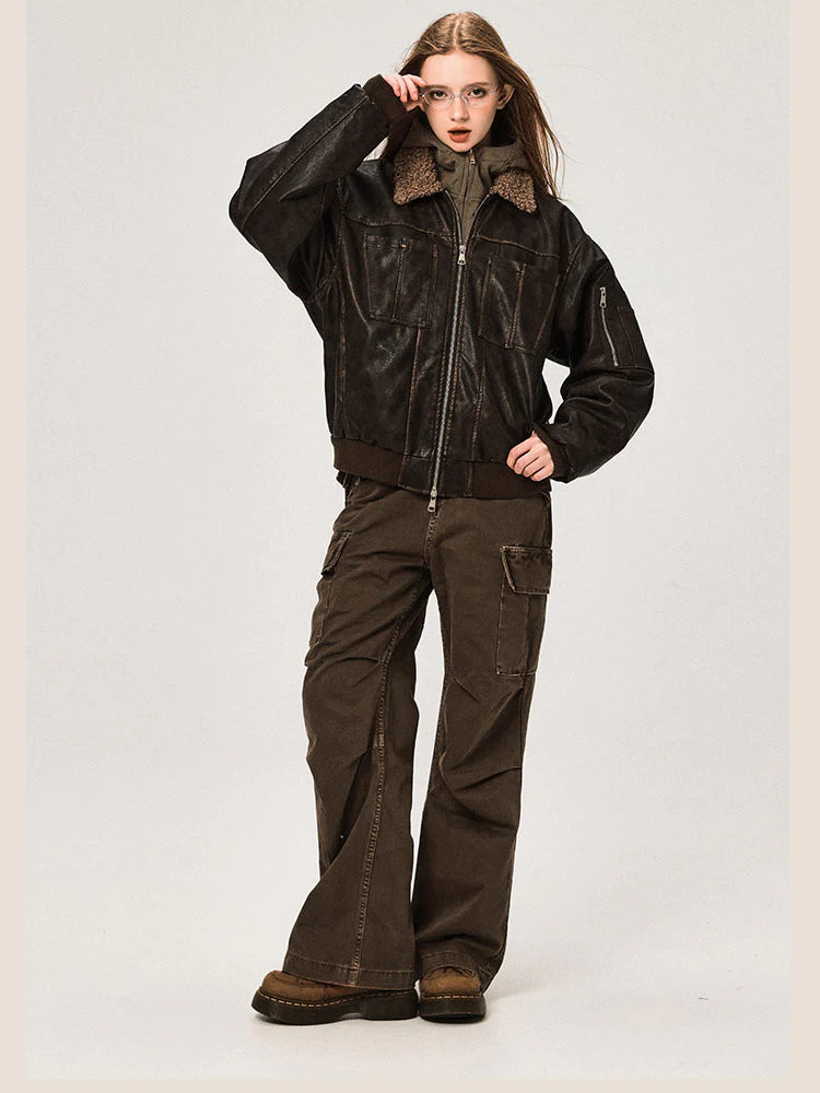 PU Leather Jacket with Lamb Wool Collar - Image 3