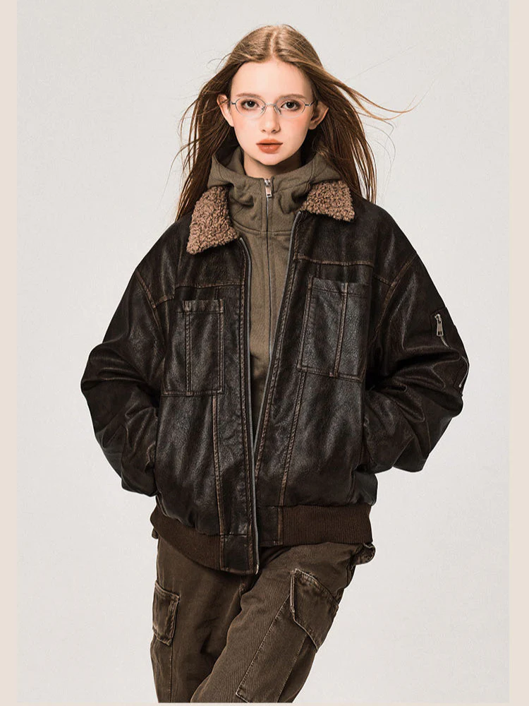 PU Leather Jacket with Lamb Wool Collar - Image 4