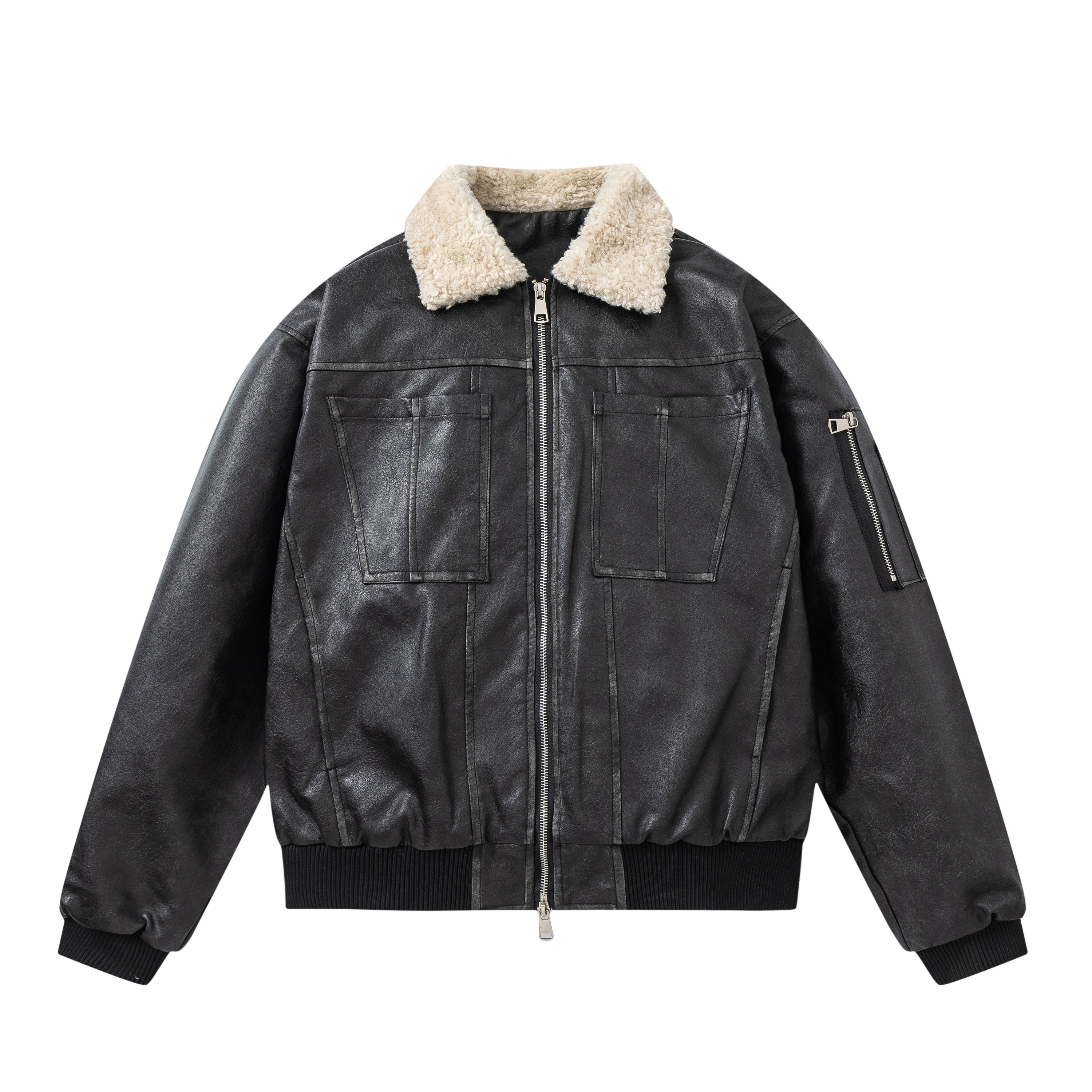 PU Leather Jacket with Lamb Wool Collar - Image 9