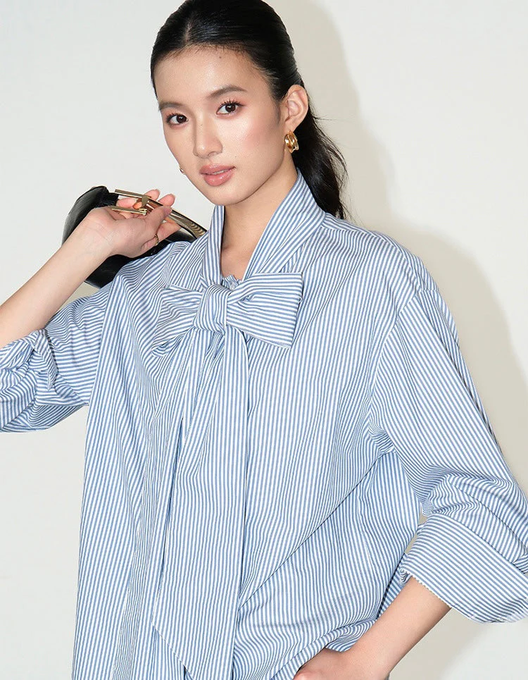 Striped Bow Oversized Cotton Blouse - Image 2