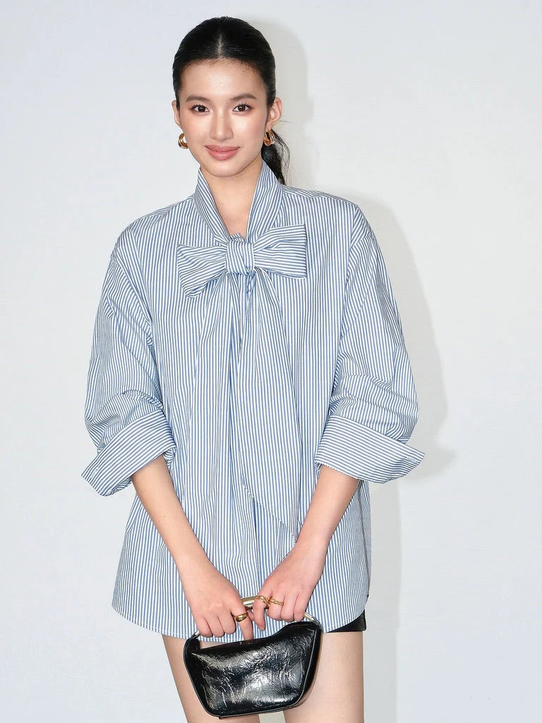 Striped Bow Oversized Cotton Blouse - Image 3