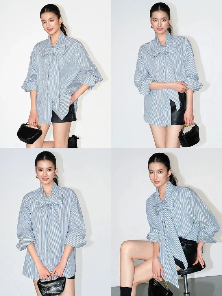 Striped Bow Oversized Cotton Blouse - Image 4