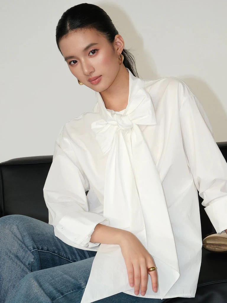 Striped Bow Oversized Cotton Blouse - Image 5