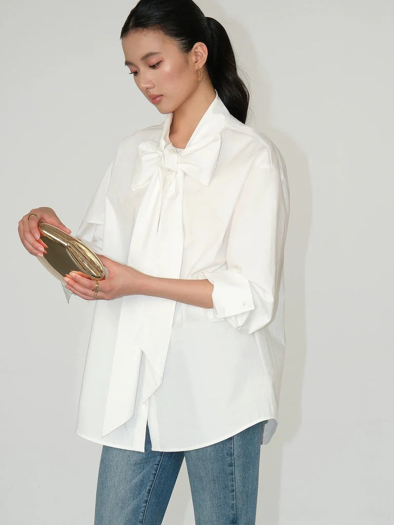 Striped Bow Oversized Cotton Blouse - Image 6